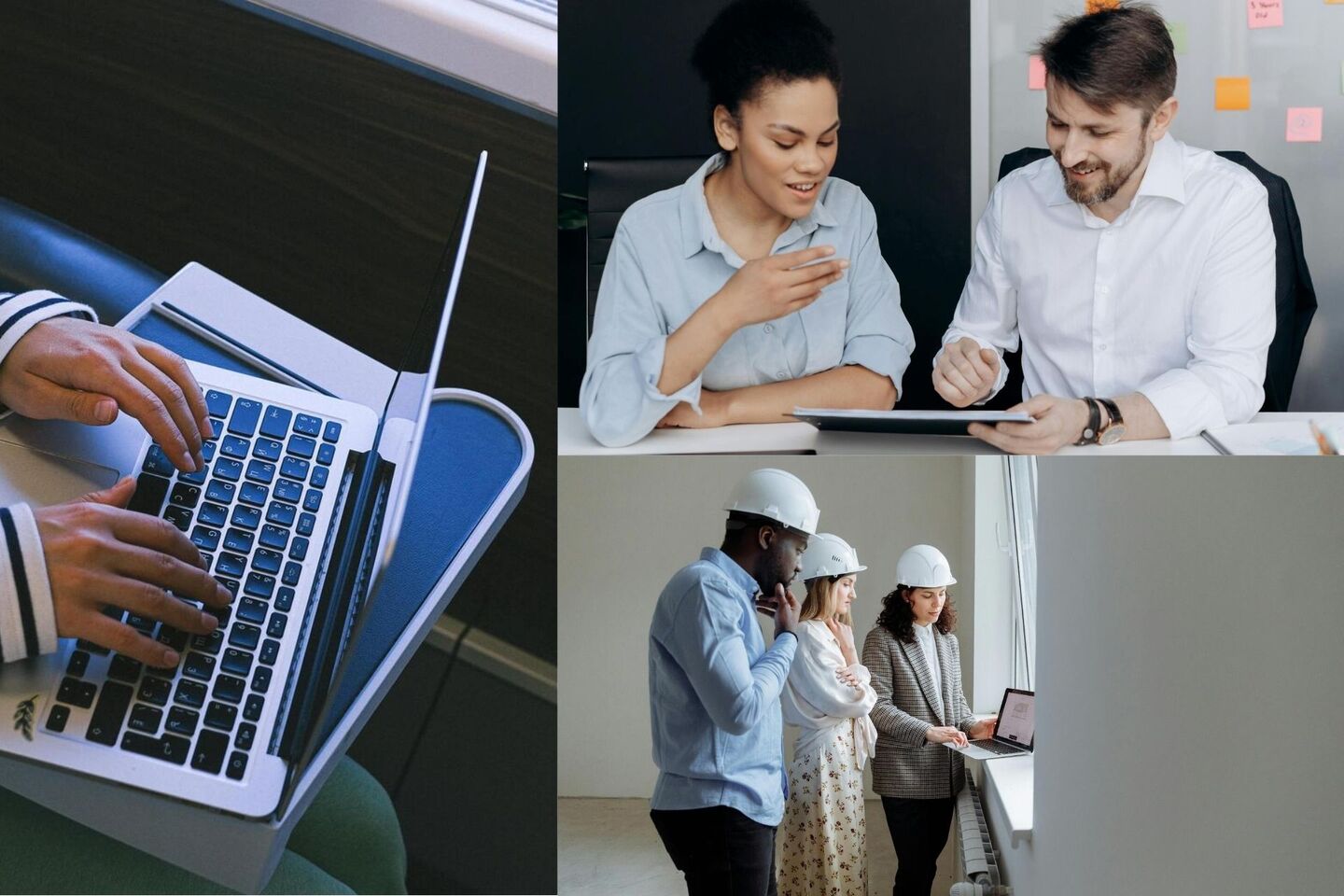 Pêle-mêle de 3 photos qui illustrent différentes personnes travaillant à distance : les un depuis une tablette sur un chantier, les autres sont sur un oridinateur chez un client et une dernière personne et assise dasn un train en train de travailler sur son PC portable.