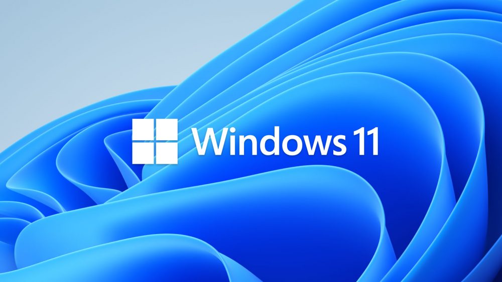 Volutes en camaîeu de bleu sur fond gris avec, en premier plan au centre, un carré blanc divisé en 4 petits carrés suivi de l'inscription en lettres blanches Windows 11.