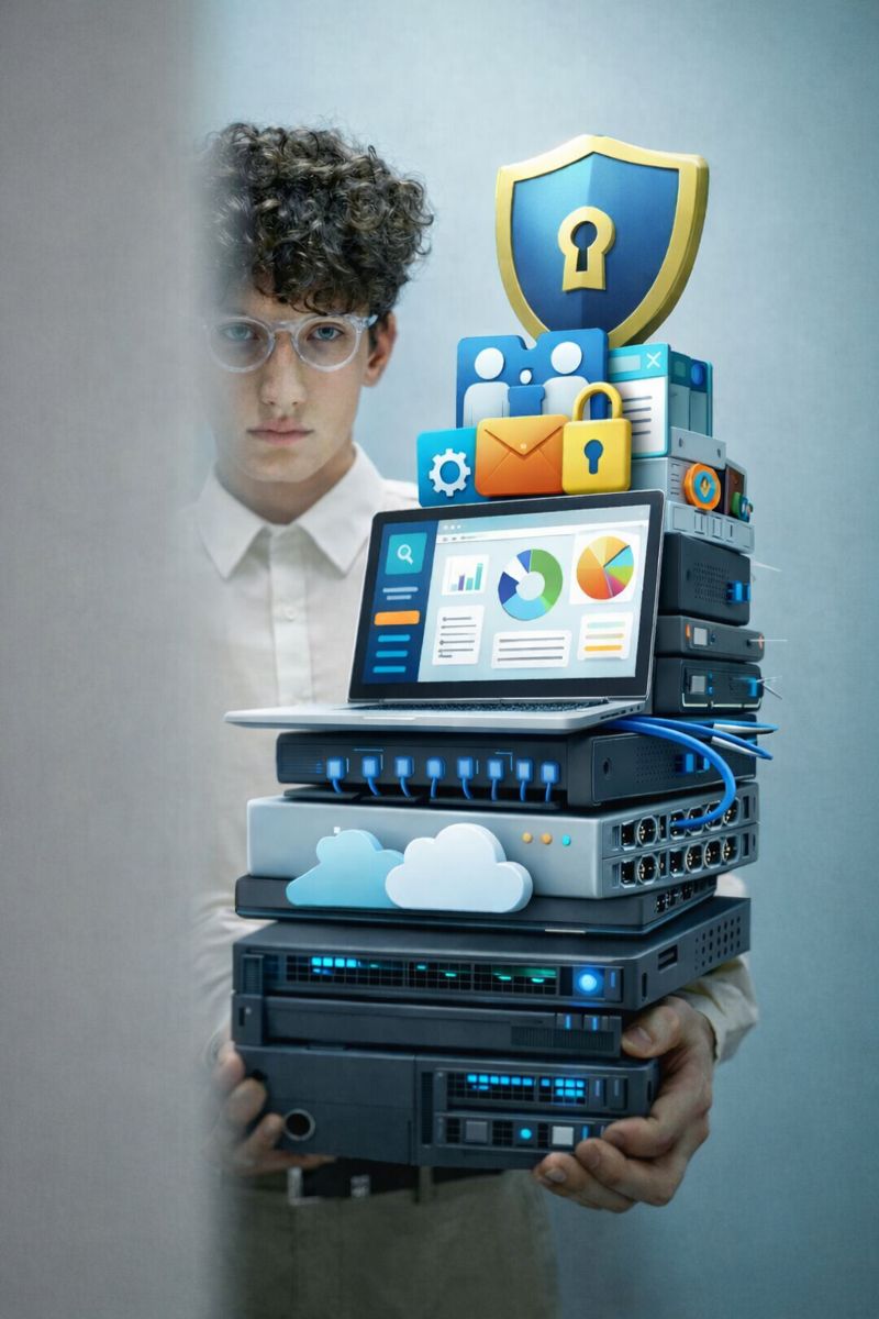 Illustration de la maintenance informatique d’une PME montrant l’empilement des serveurs, réseau, logiciels, accès utilisateurs et sécurité